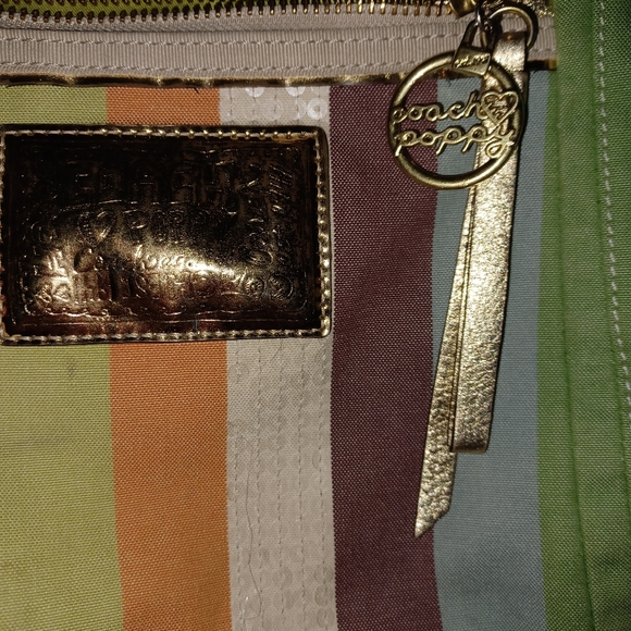 COACH  POPPY BAG , GOLD LEATHER TRIM, STRIPED FABRIC GENTLY USED  "As Is" - Picture 4 of 13